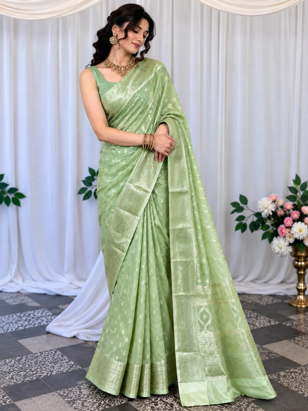 Green Banarasi Soft Silk Saree  Mint Green With Floral Buti Zari