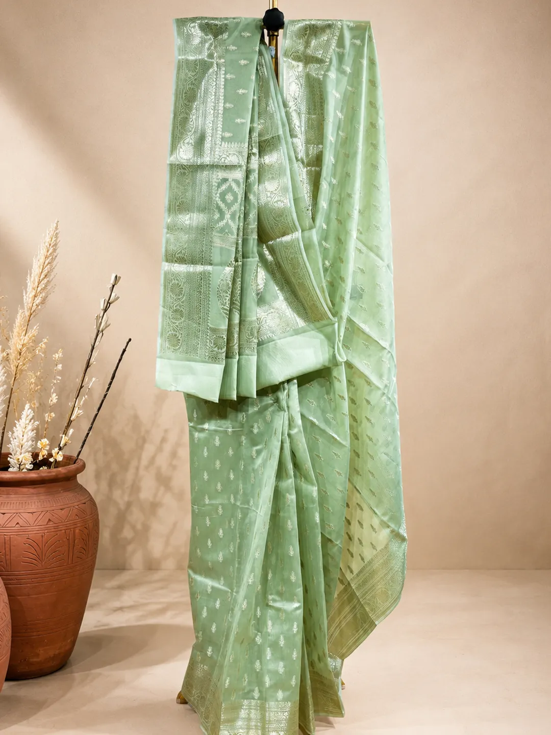  Green Banarasi Soft Silk Saree  Mint Green With Floral Buti Zari Front view