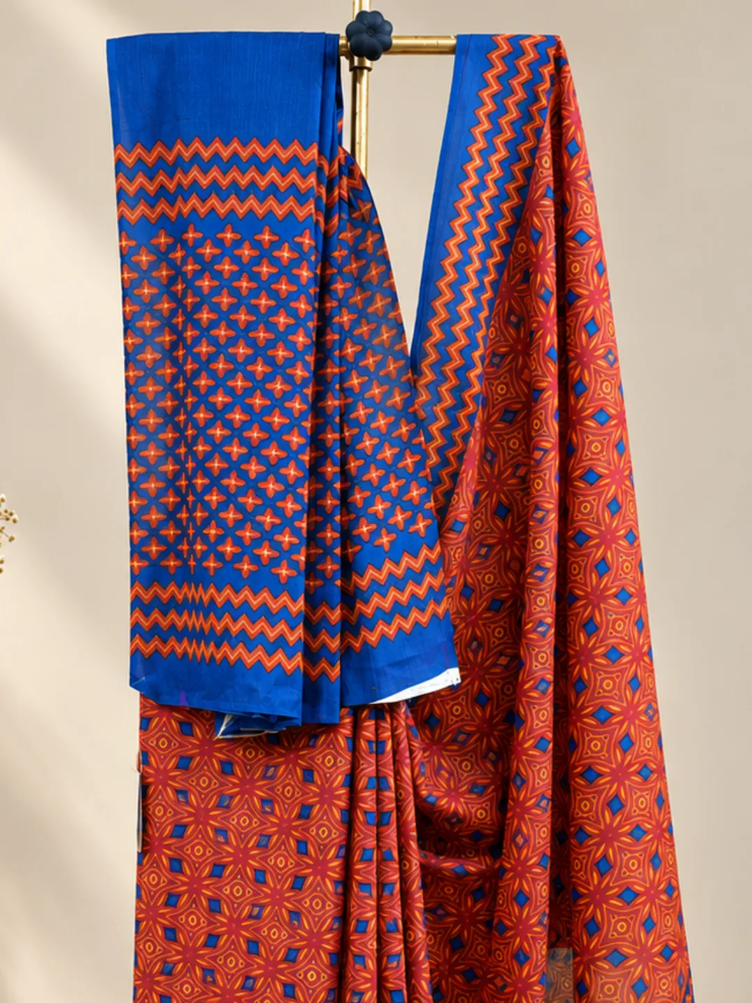  Red Jaipuri Cotton Saree With Terracotta Red Block Print Front view