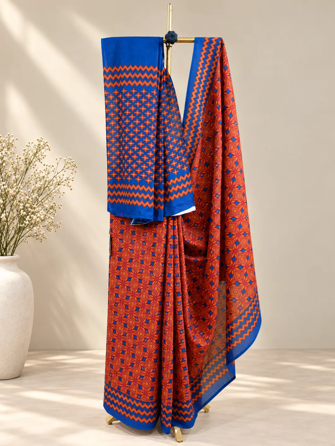 Red Jaipuri Cotton Saree With Terracotta Red Block Print