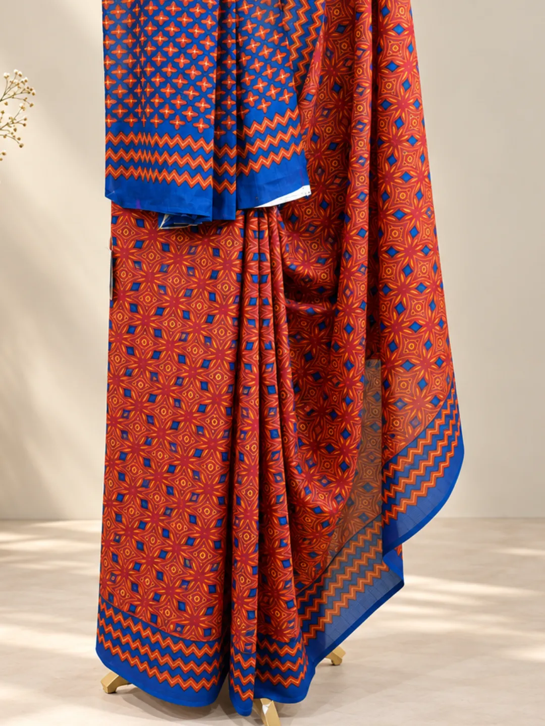  Red Jaipuri Cotton Saree With Terracotta Red Block Print Front view