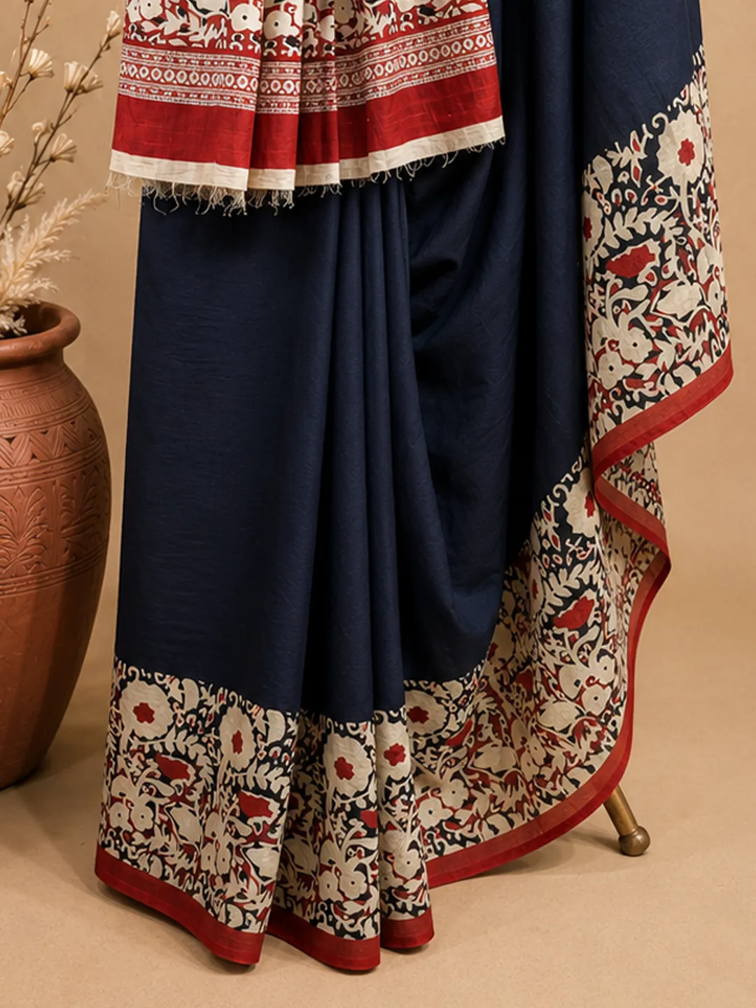  Black Jaipuri Cotton Saree  Black With Maroon And Cream Floral Block Print Front view
