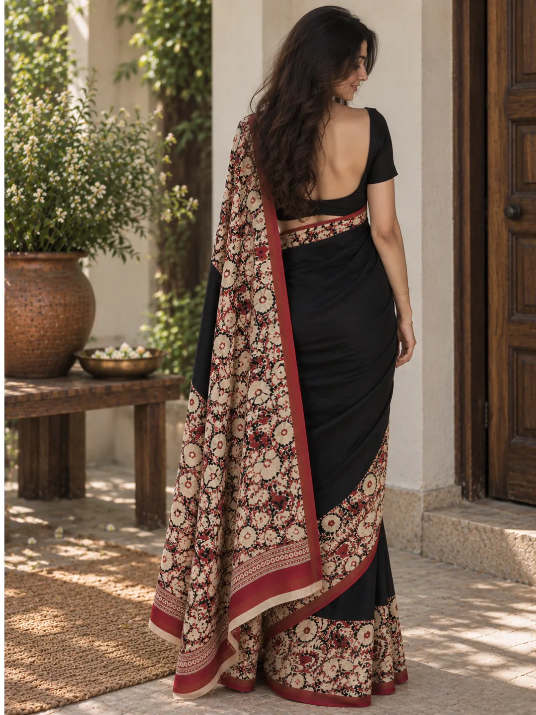  Black Jaipuri Cotton Saree  Black With Maroon And Cream Floral Block Print Front view