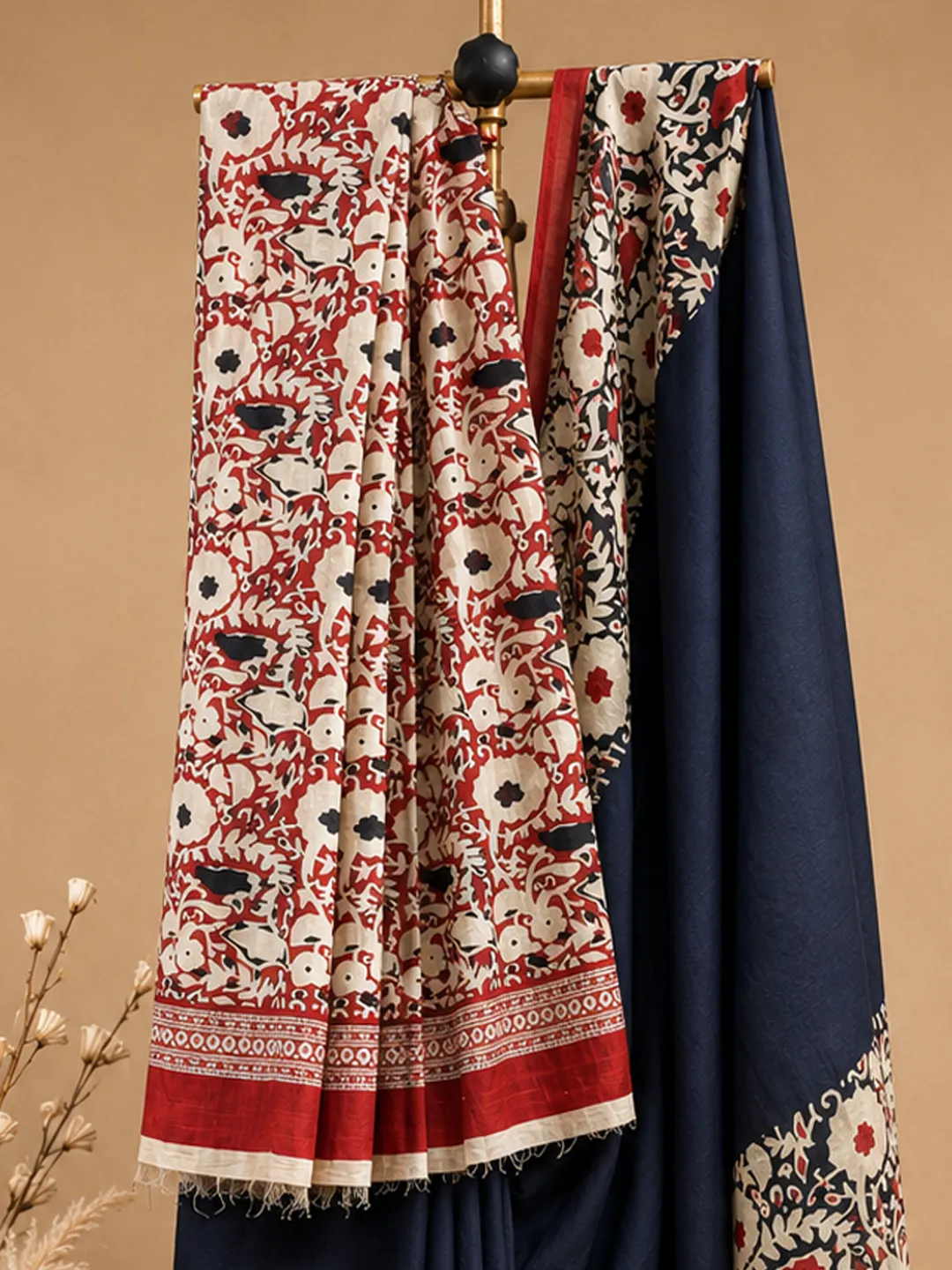  Black Jaipuri Cotton Saree  Black With Maroon And Cream Floral Block Print Front view
