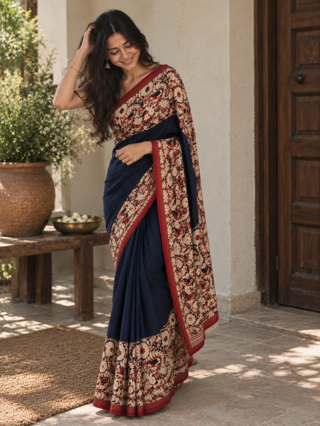 Black Jaipuri Cotton Saree  Black With Maroon And Cream Floral Block Print