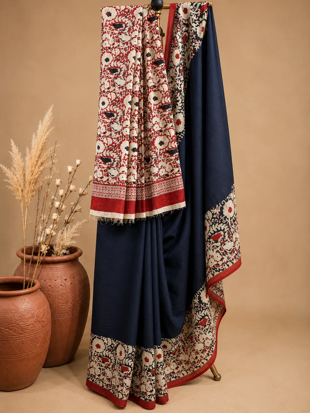  Black Jaipuri Cotton Saree  Black With Maroon And Cream Floral Block Print Front view