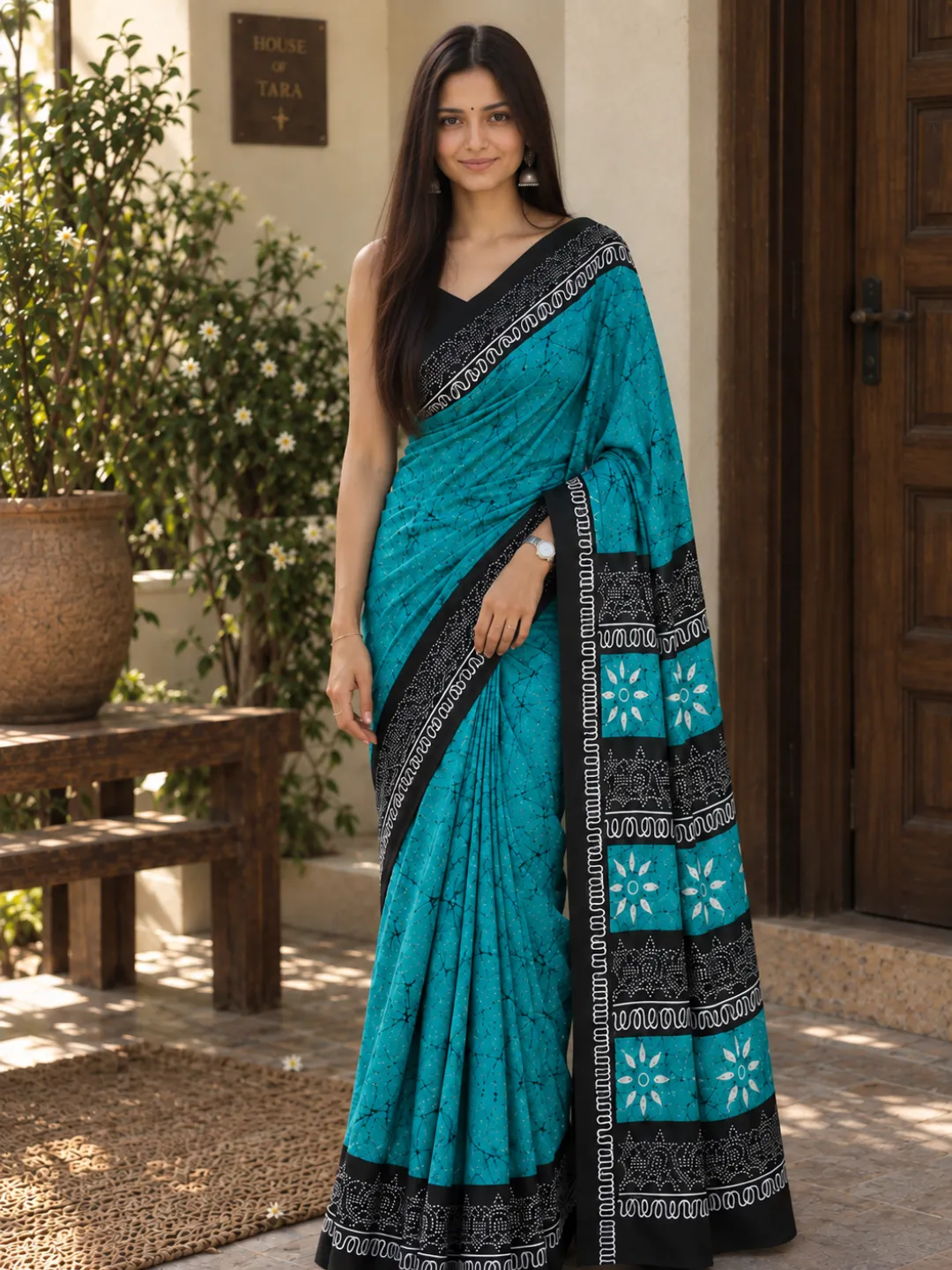Blue Jaipuri Cotton Saree  Turquoise Blue With Black Crackle Block Print