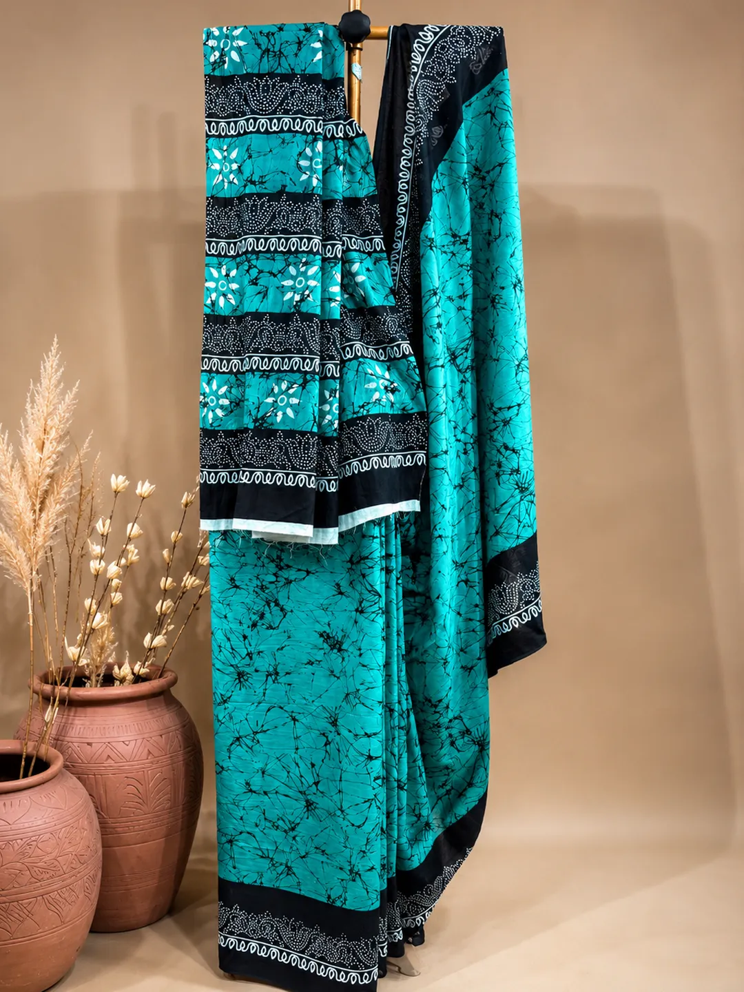 Blue Jaipuri Cotton Saree Turquoise Blue With Black Crackle Block Print front view