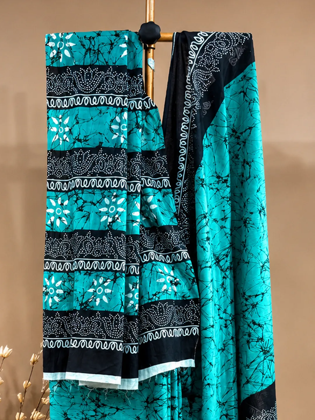 Blue Jaipuri Cotton Saree Turquoise Blue With Black Crackle Block Print front view