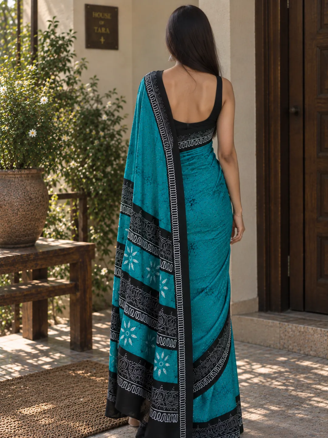 Blue Jaipuri Cotton Saree Turquoise Blue With Black Crackle Block Print front view