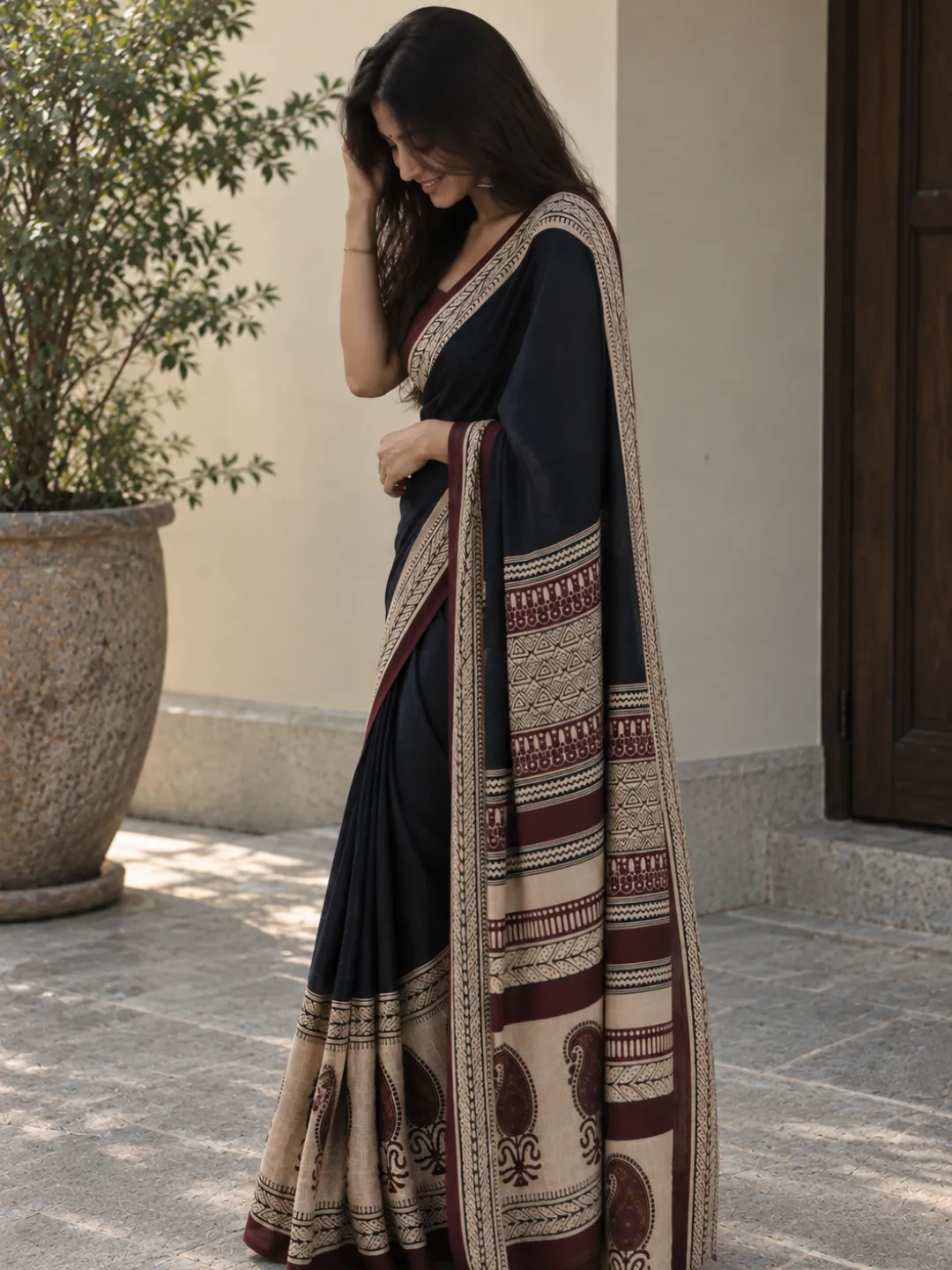  Black Jaipuri Cotton Saree Black With Beige Block Print Border And Pallu Front view