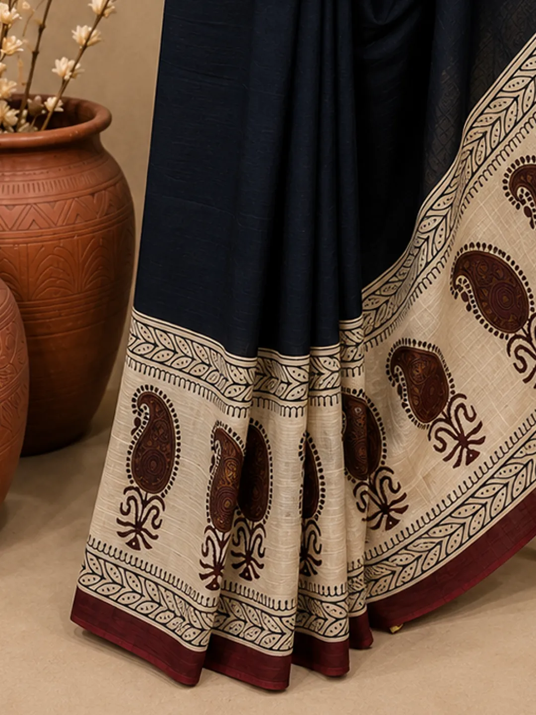  Black Jaipuri Cotton Saree Black With Beige Block Print Border And Pallu Front view
