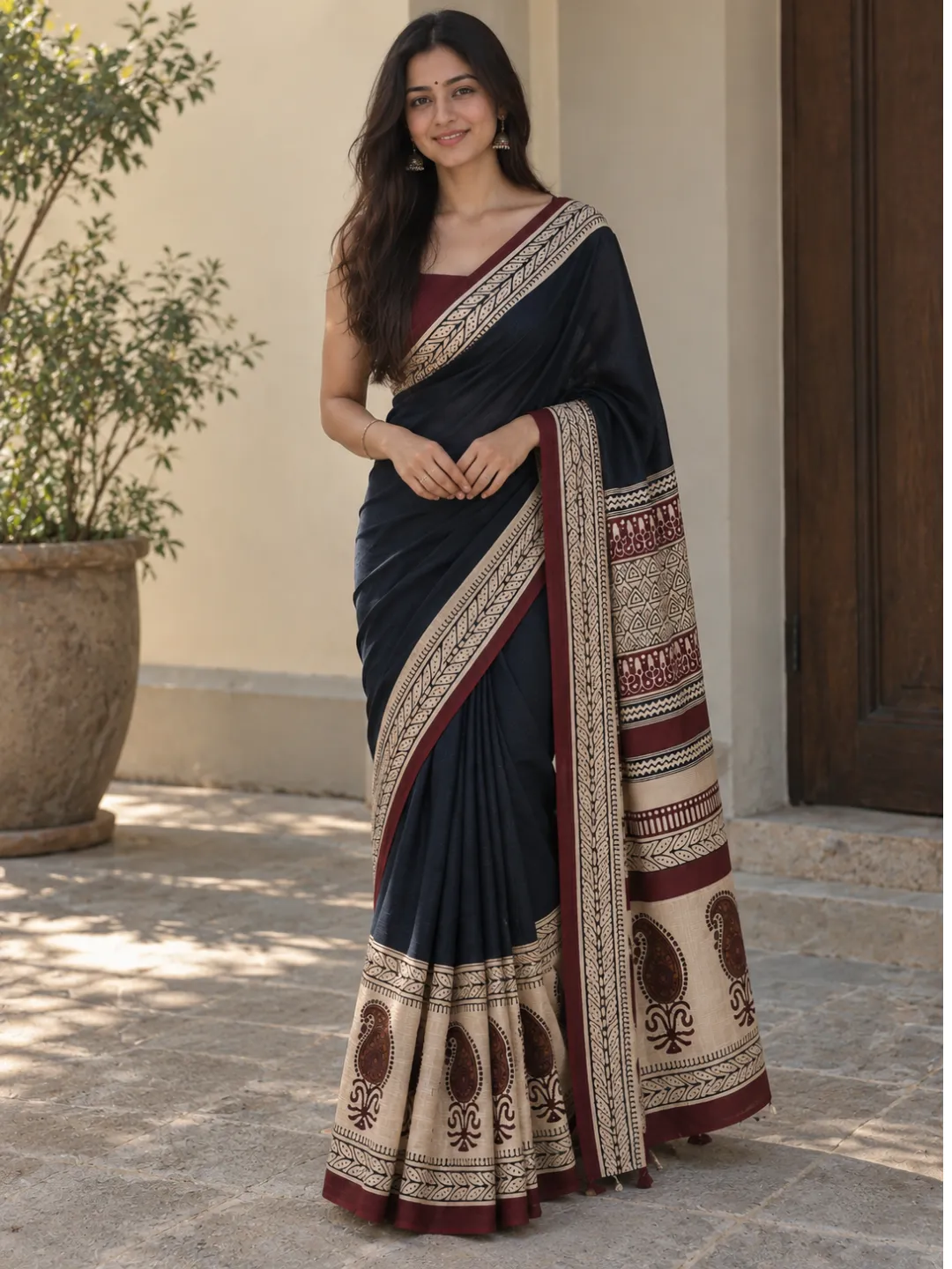 Black Jaipuri Cotton Saree Black With Beige Block Print Border And Pallu