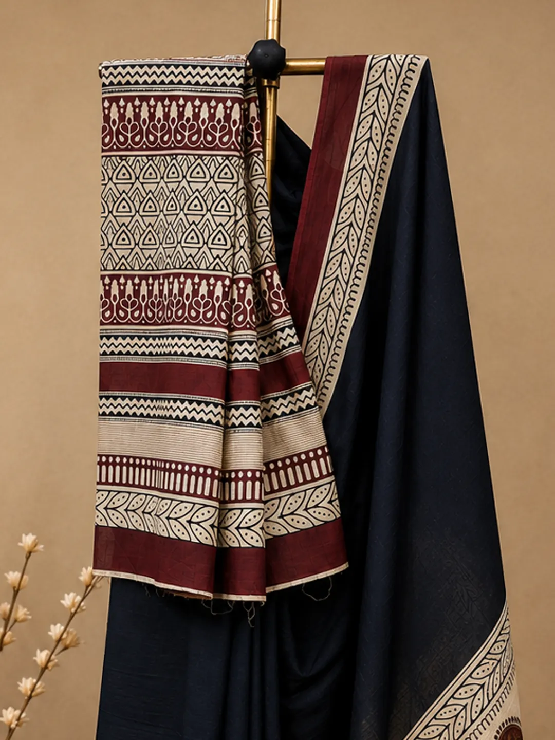  Black Jaipuri Cotton Saree Black With Beige Block Print Border And Pallu Front view