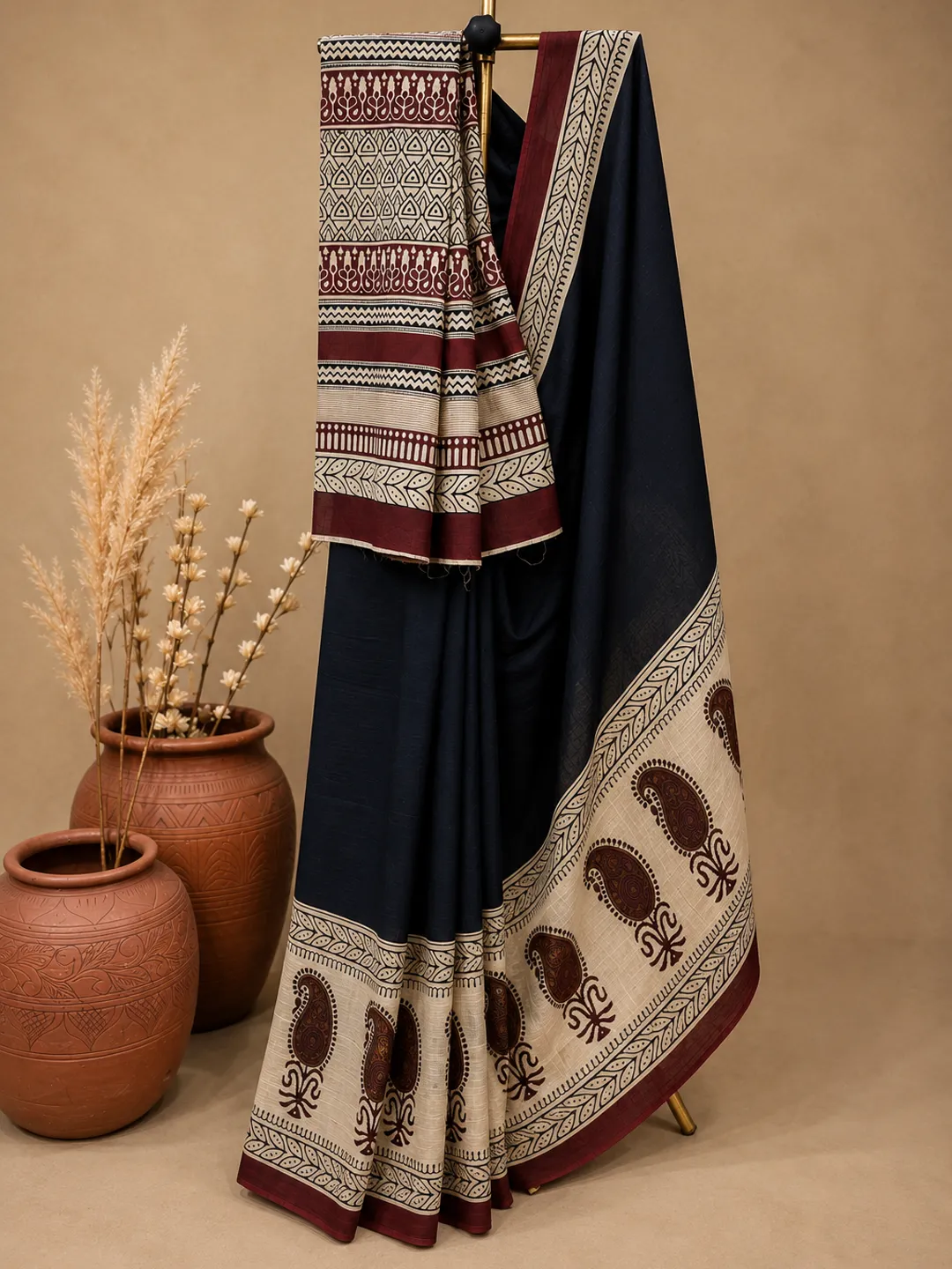  Black Jaipuri Cotton Saree Black With Beige Block Print Border And Pallu Front view