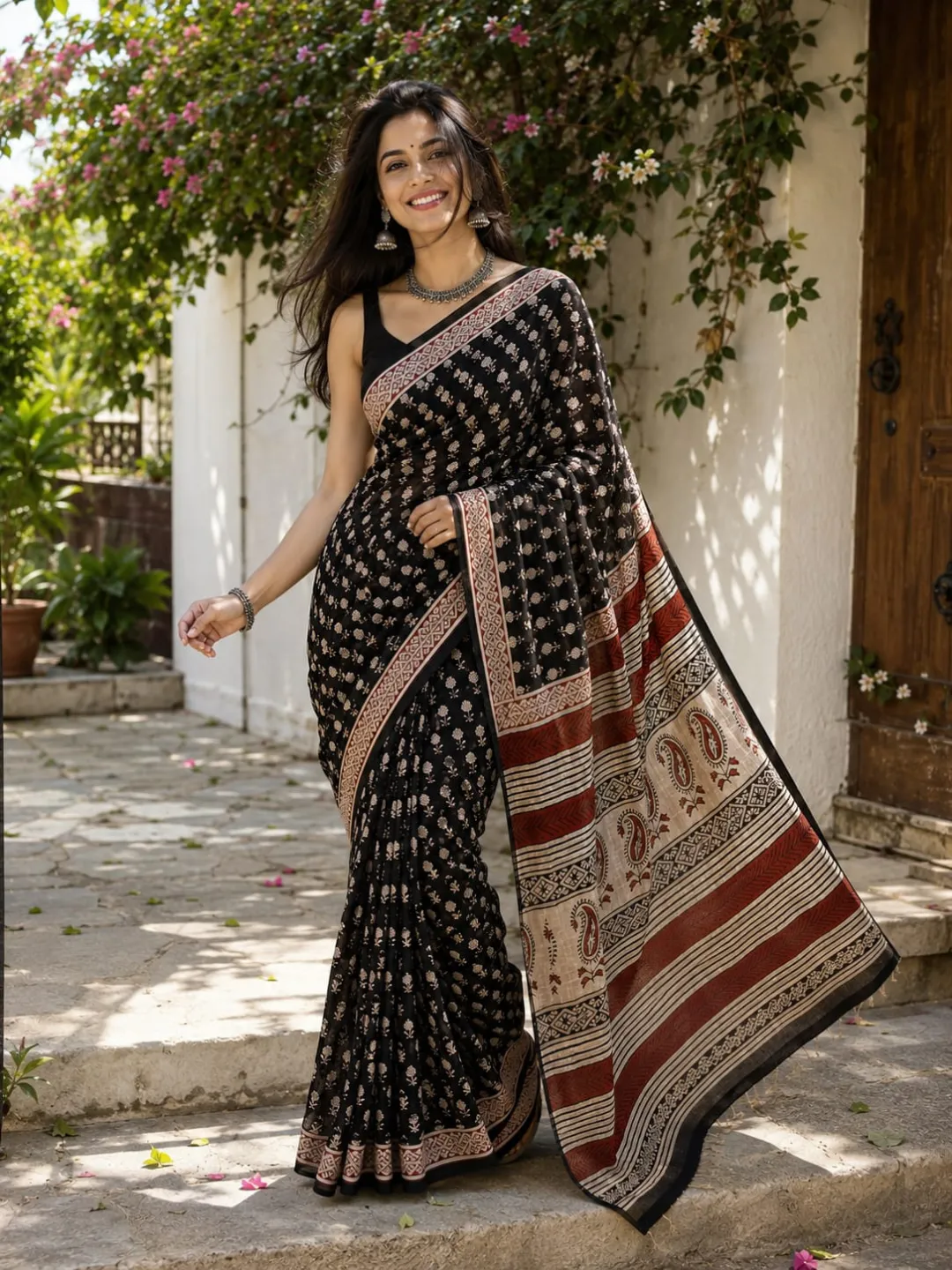 Black Jaipuri Cotton Saree Black With Beige And Maroon Block Print Pallu