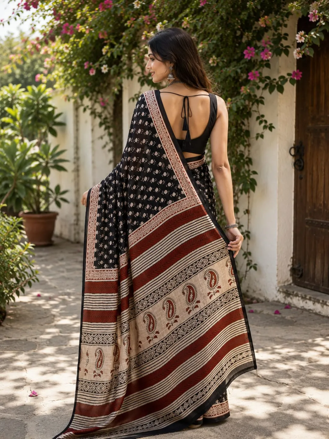  Black Jaipuri Cotton Saree Black With Beige And Maroon Block Print Pallu Front view