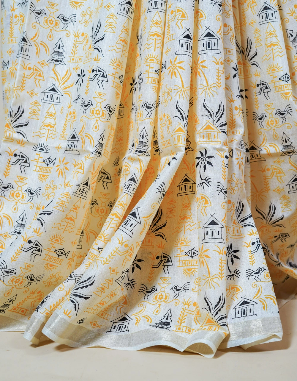 Off White Madhubani Hand Painted Soft Silk Saree With Warli Motif Body - View 5