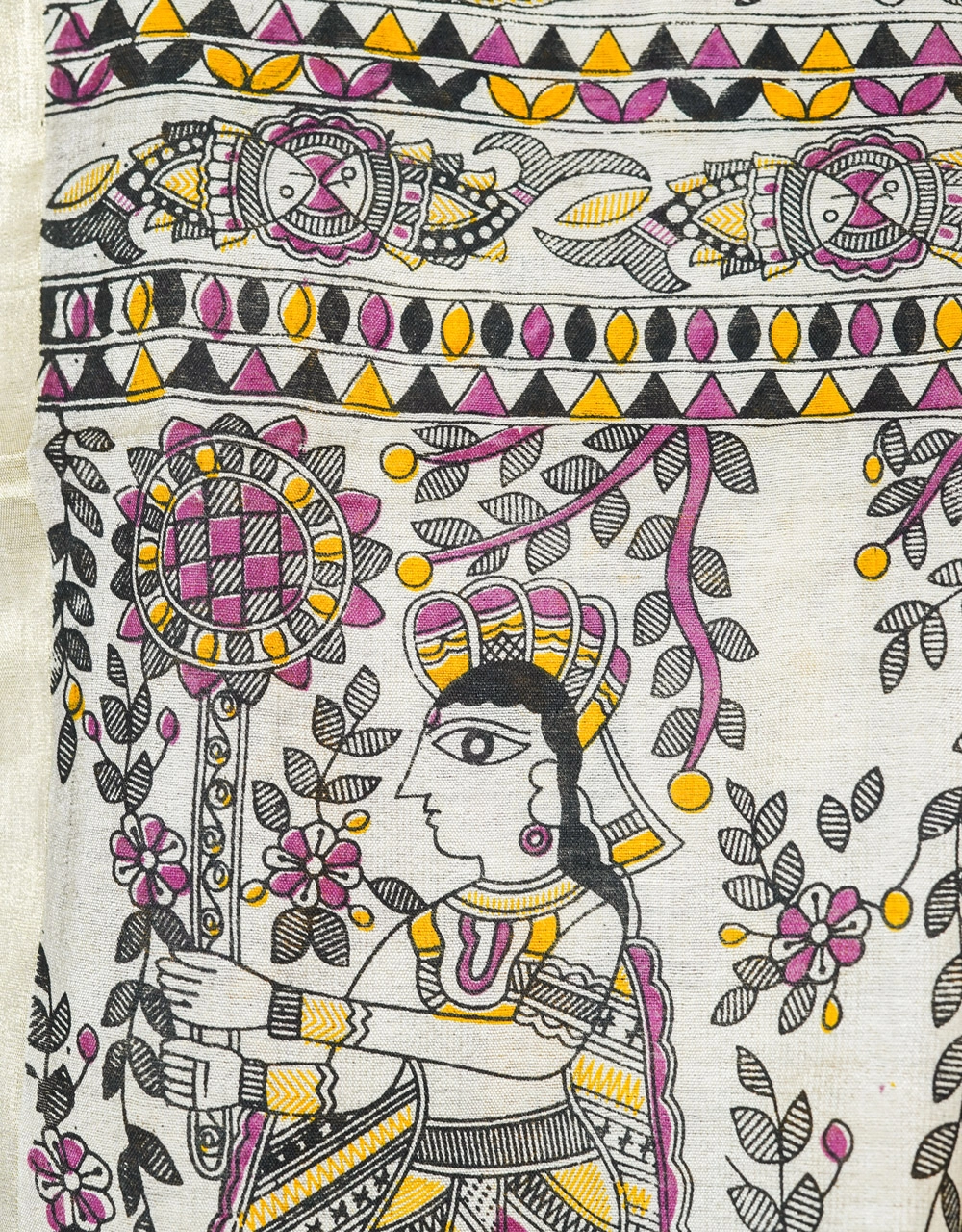 Off White Madhubani Hand Painted Soft Silk Saree With Warli Motif Body - View 4