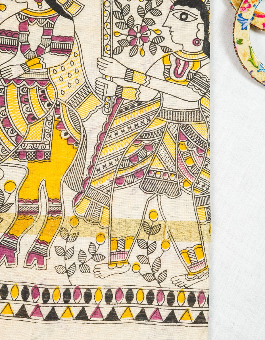 Off White Madhubani Hand Painted Soft Silk Saree With Warli Motif Body - View 3