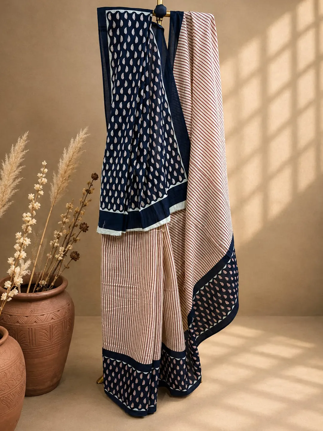 Beige Jaipuri Cotton Saree Beige With Brown Stripes And Black Block Print Pallu