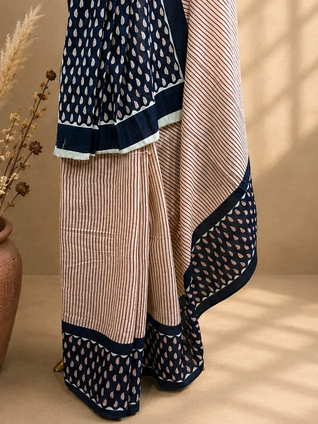  Beige Jaipuri Cotton Saree Beige With Brown Stripes And Black Block Print Pallu Front view