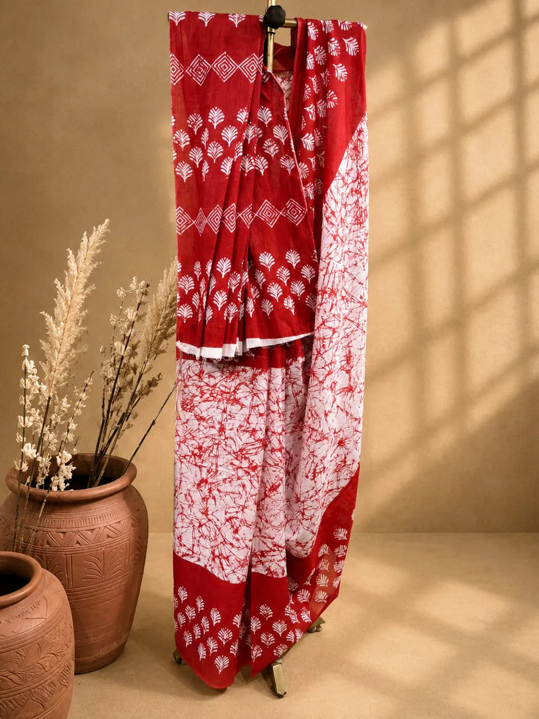 Red Jaipuri Cotton Saree With Red And White Floral Block Print