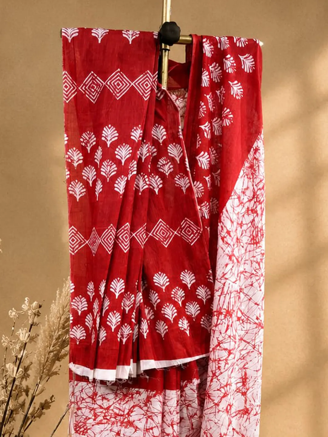  Red Jaipuri Cotton Saree With Red And White Floral Block Print Front view