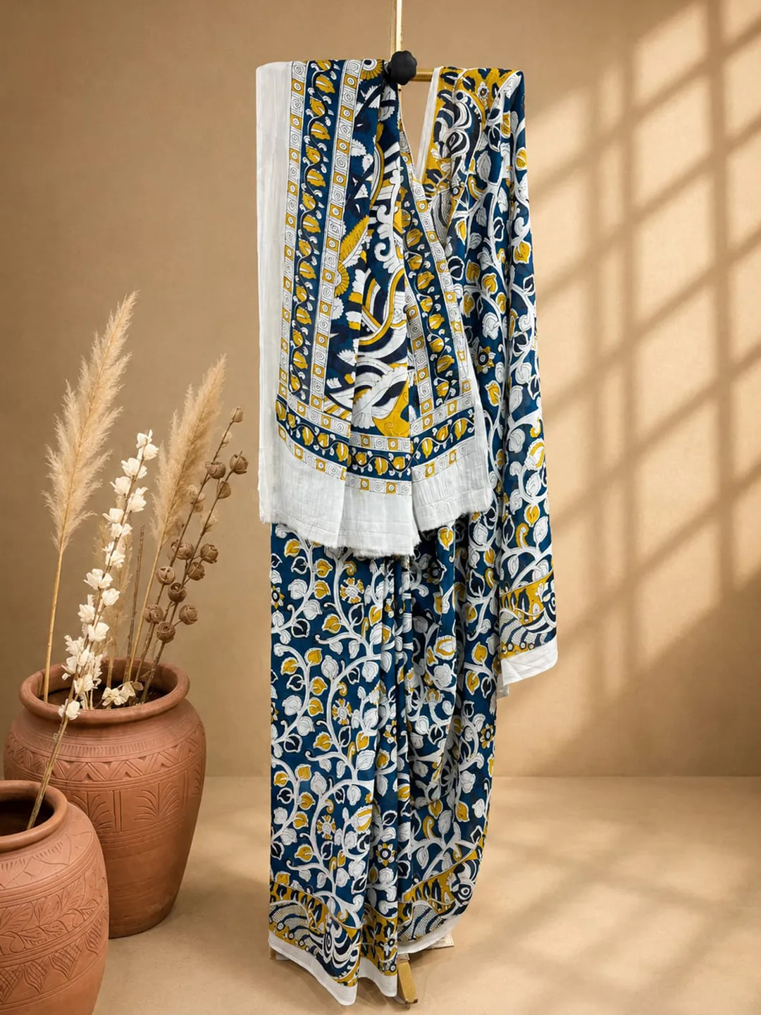 Blue Jaipuri Cotton Saree White With Blue And Mustard Kalamkari Print front view