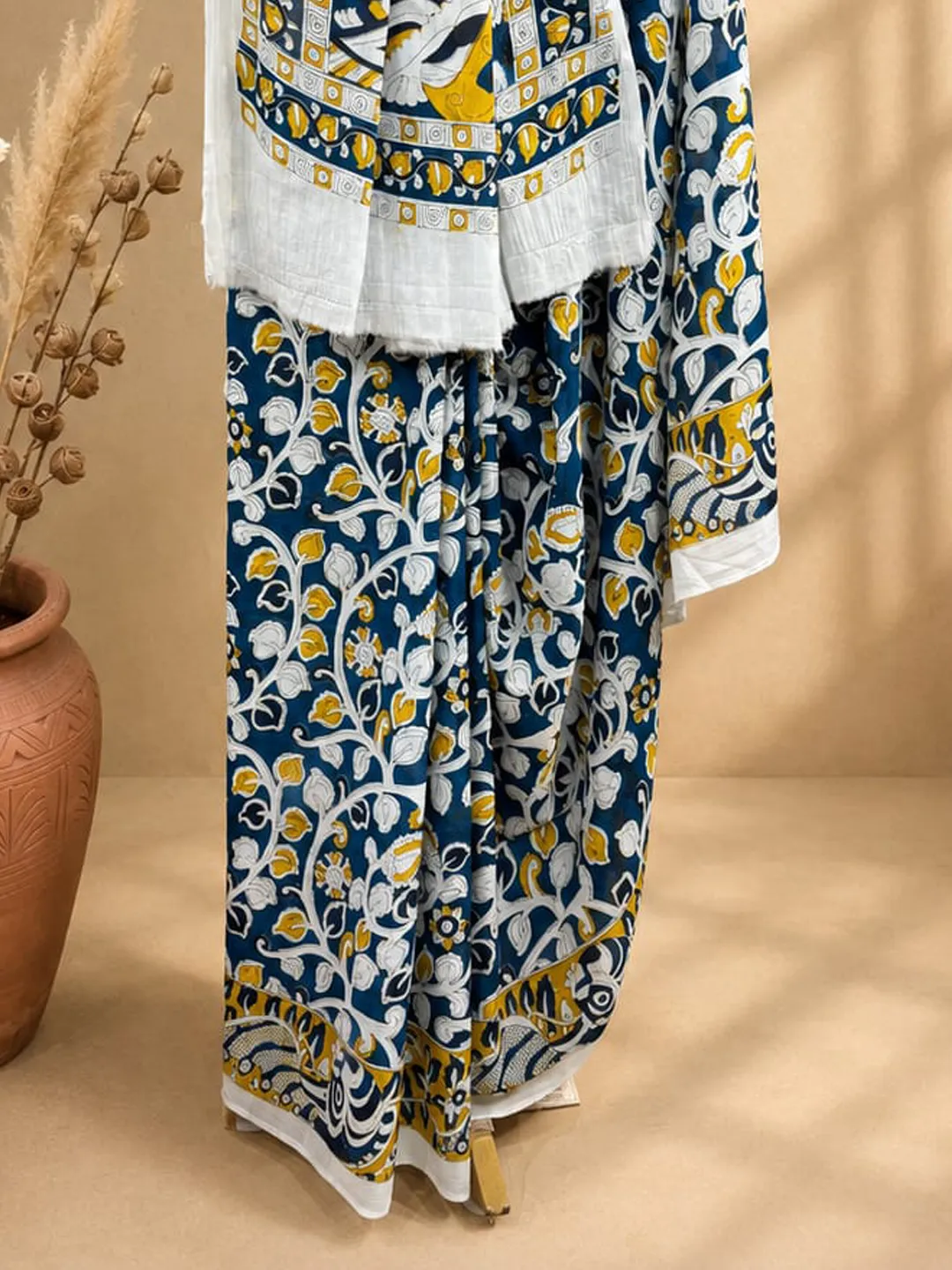 Blue Jaipuri Cotton Saree White With Blue And Mustard Kalamkari Print front view