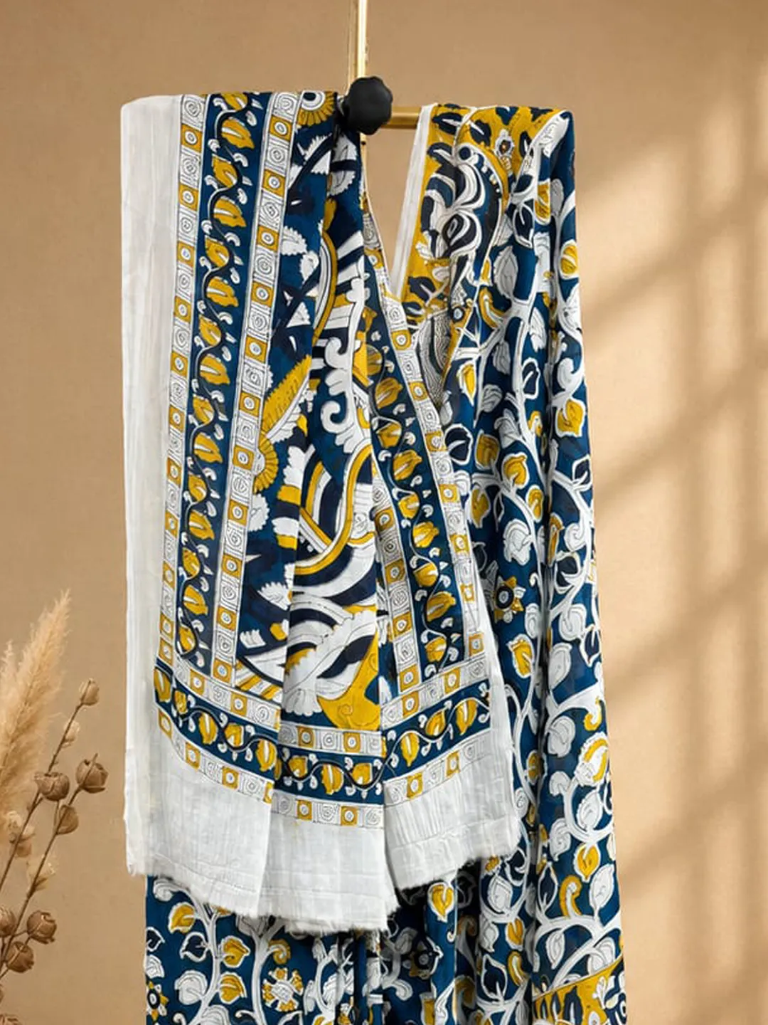 Blue Jaipuri Cotton Saree White With Blue And Mustard Kalamkari Print front view