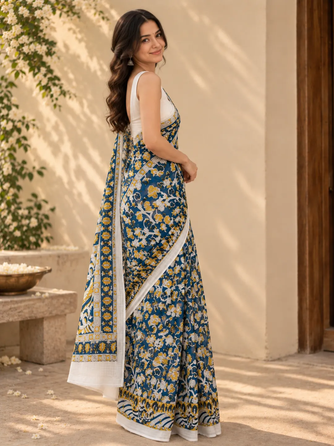 Blue Jaipuri Cotton Saree White With Blue And Mustard Kalamkari Print front view