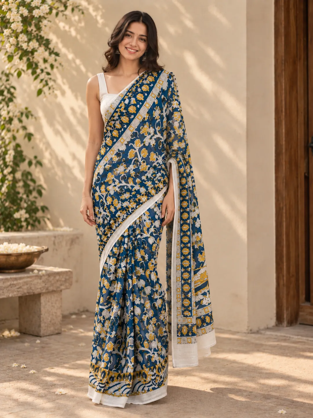 Blue Jaipuri Cotton Saree White With Blue And Mustard Kalamkari Print