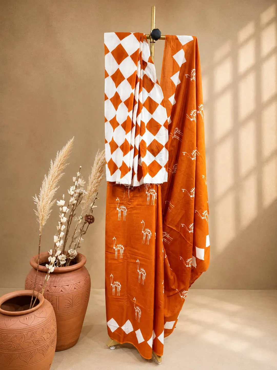 Orange Jaipuri Cotton Saree Orange With White Geometric And Folk Block Print