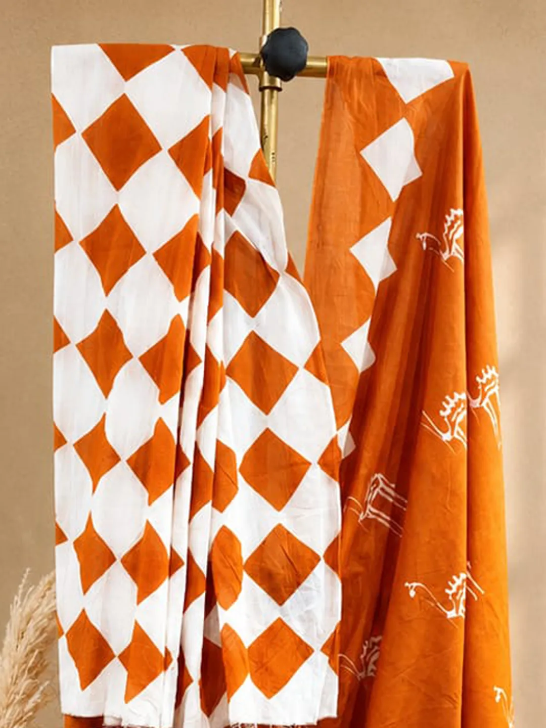 Orange Jaipuri Cotton Saree Orange With White Geometric And Folk Block Print front view