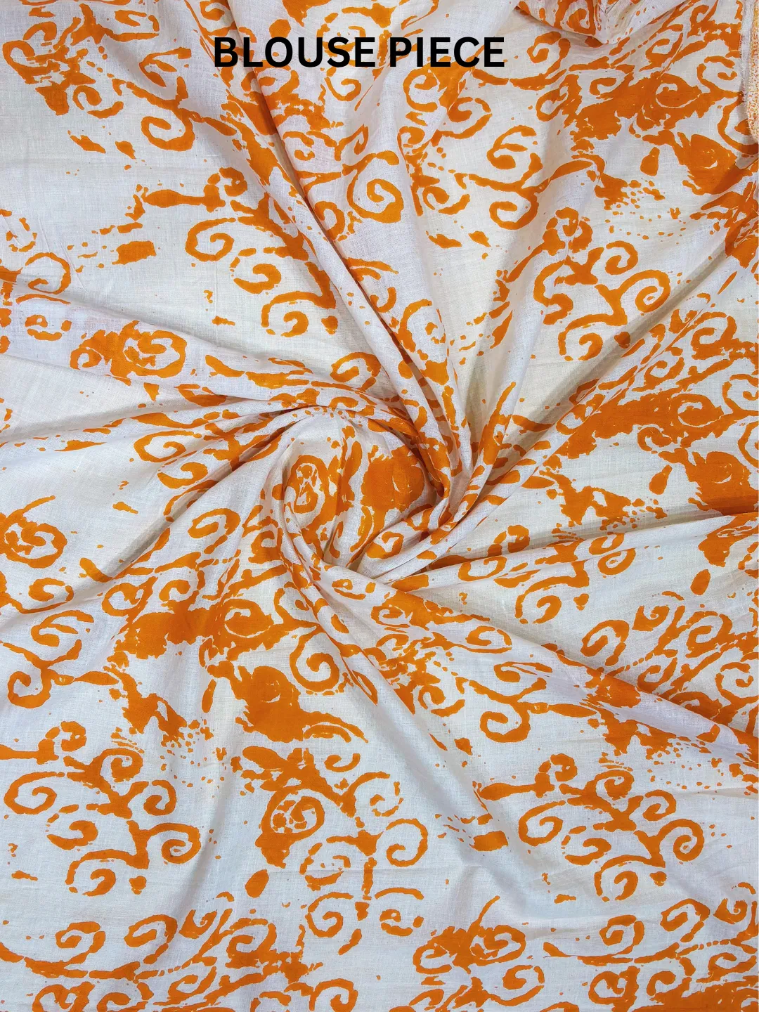 Orange Jaipuri Cotton Saree Orange With White Geometric And Folk Block Print front view