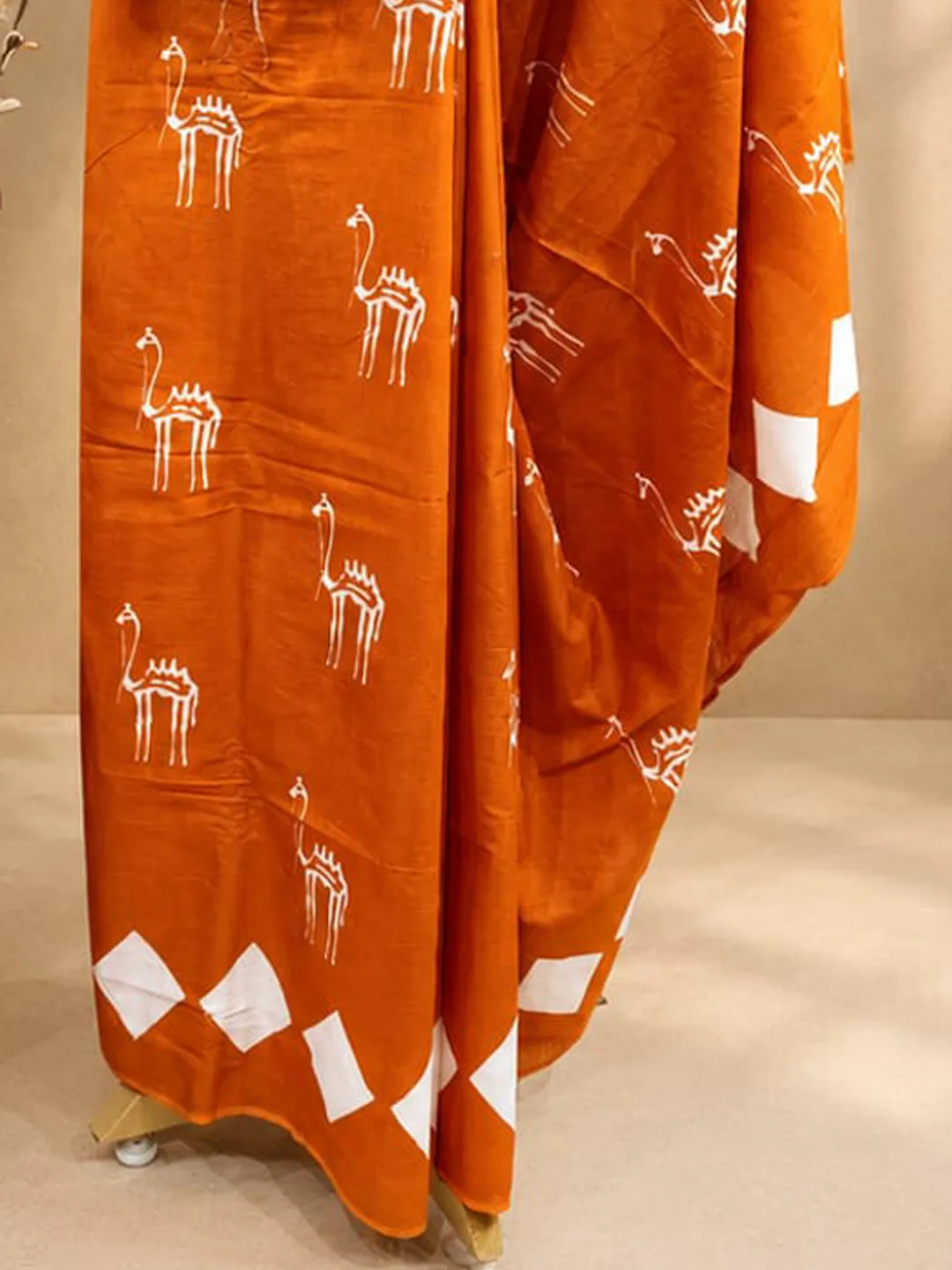 Orange Jaipuri Cotton Saree Orange With White Geometric And Folk Block Print front view