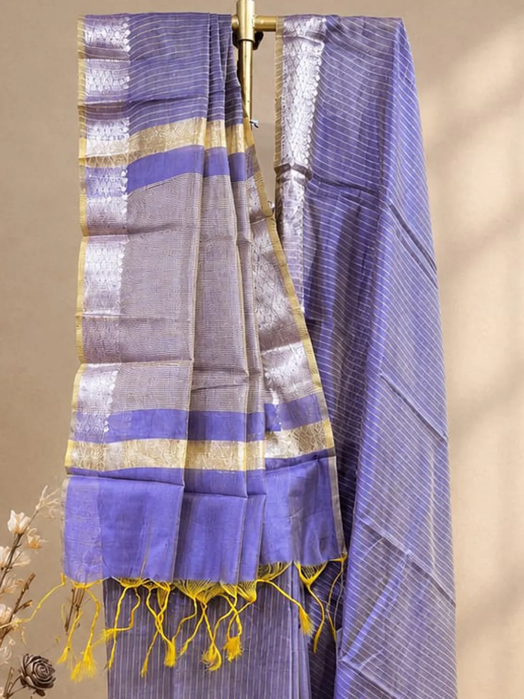 Purple Banarasi Tissue Silk Saree Lavender Blue Fine Stripe With Zari Border front view