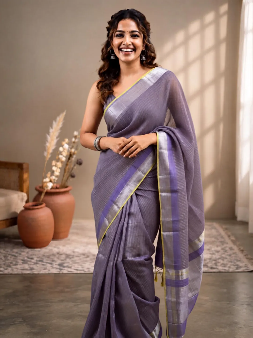 Purple Banarasi Tissue Silk Saree Lavender Blue Fine Stripe With Zari Border