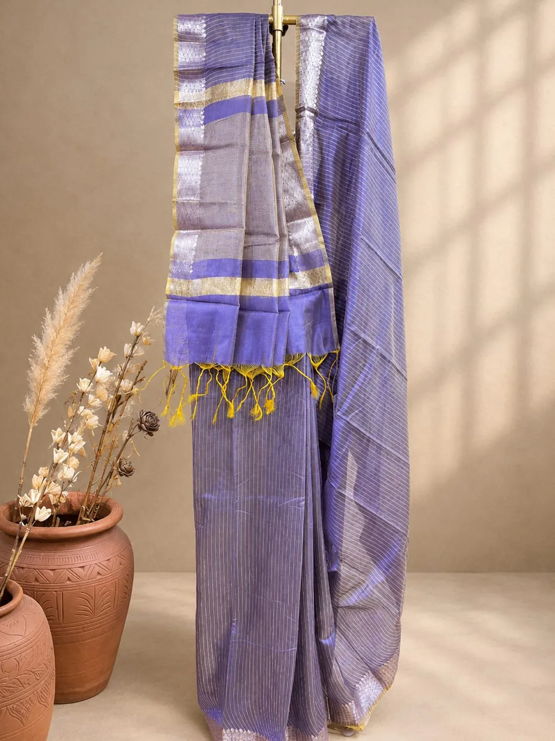 Purple Banarasi Tissue Silk Saree Lavender Blue Fine Stripe With Zari Border front view