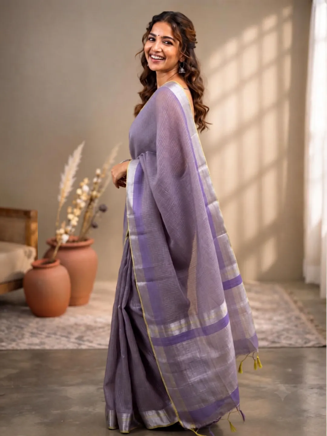 Purple Banarasi Tissue Silk Saree Lavender Blue Fine Stripe With Zari Border front view