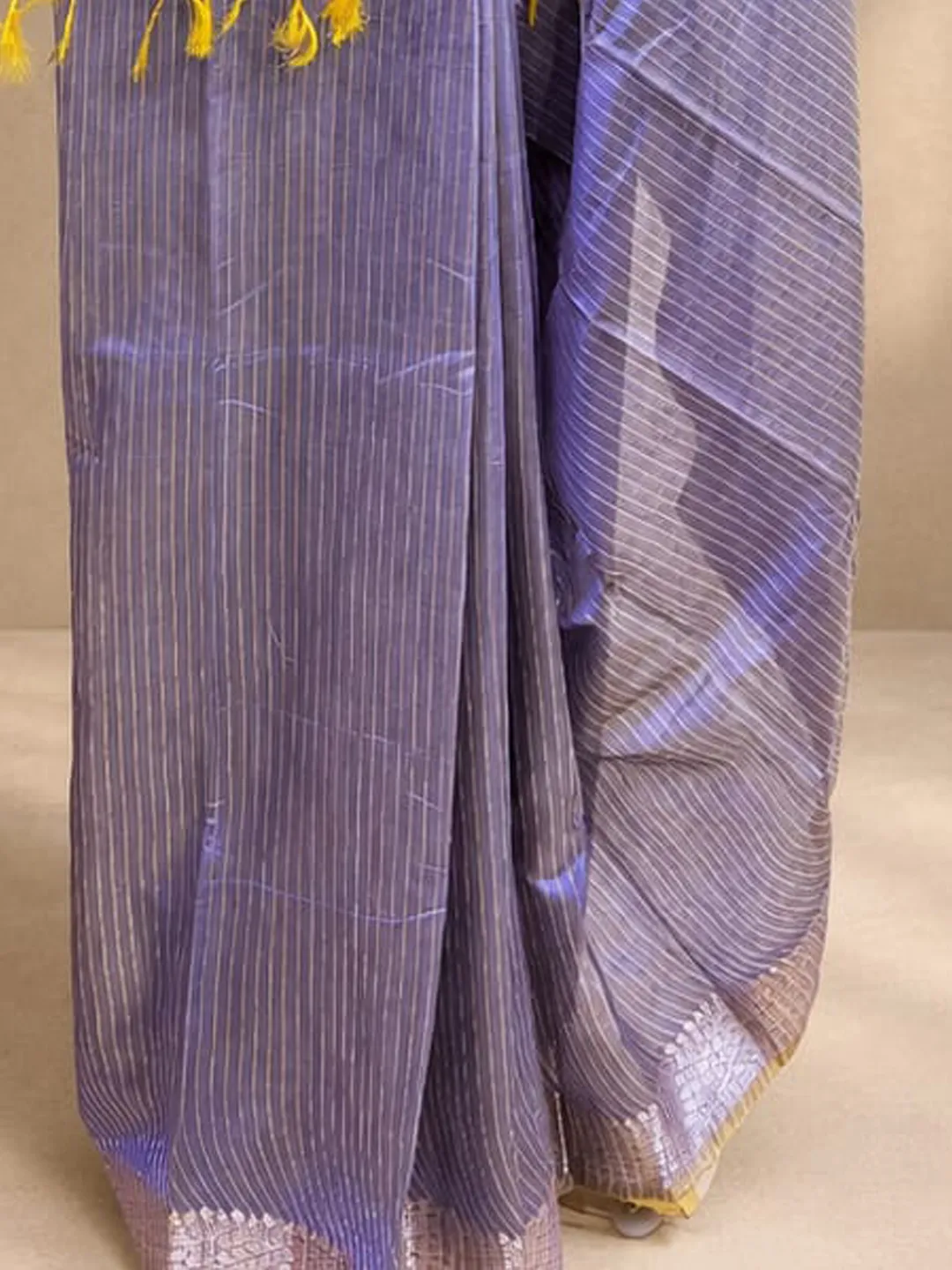 Purple Banarasi Tissue Silk Saree Lavender Blue Fine Stripe With Zari Border front view