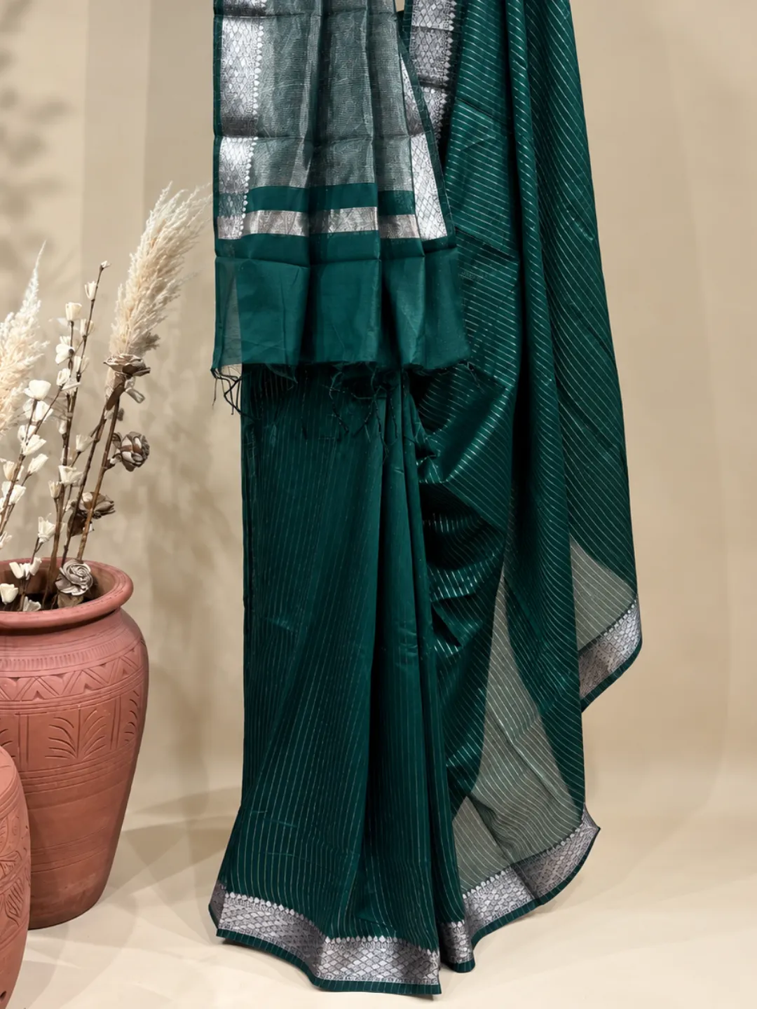 Green Banarasi Tissue Silk Saree Green Fine Stripe With Zari Border front view