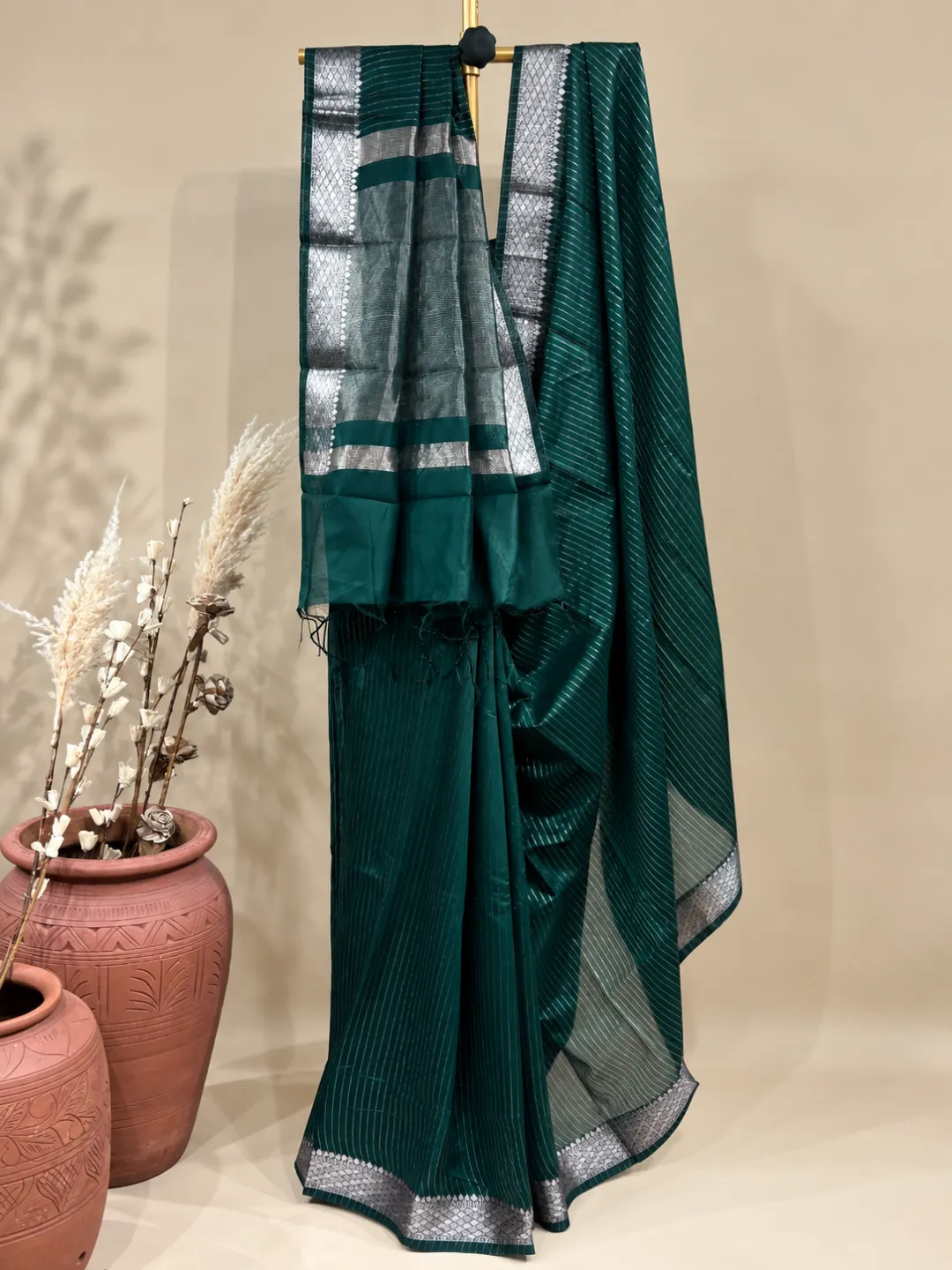 Green Banarasi Tissue Silk Saree Green Fine Stripe With Zari Border