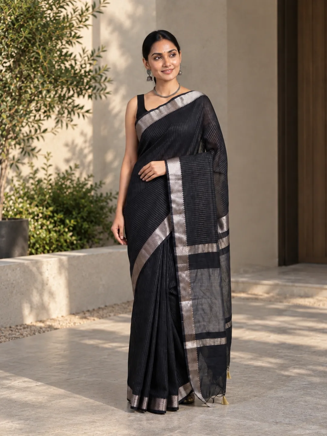 Black Banarasi Tissue Silk Saree  Black Fine Stripe With Silver Zari Border