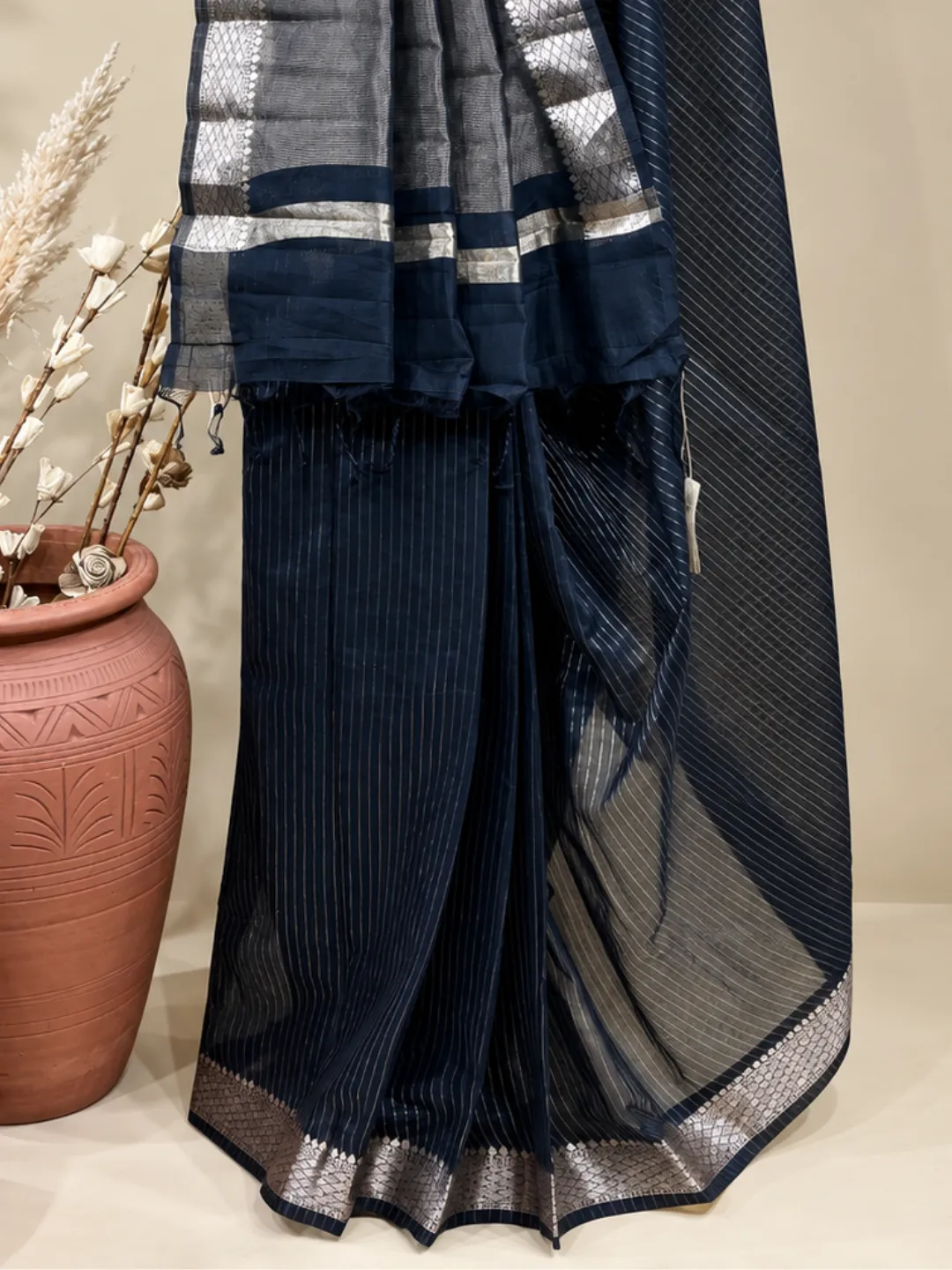  Black Banarasi Tissue Silk Saree  Black Fine Stripe With Silver Zari Border Front view