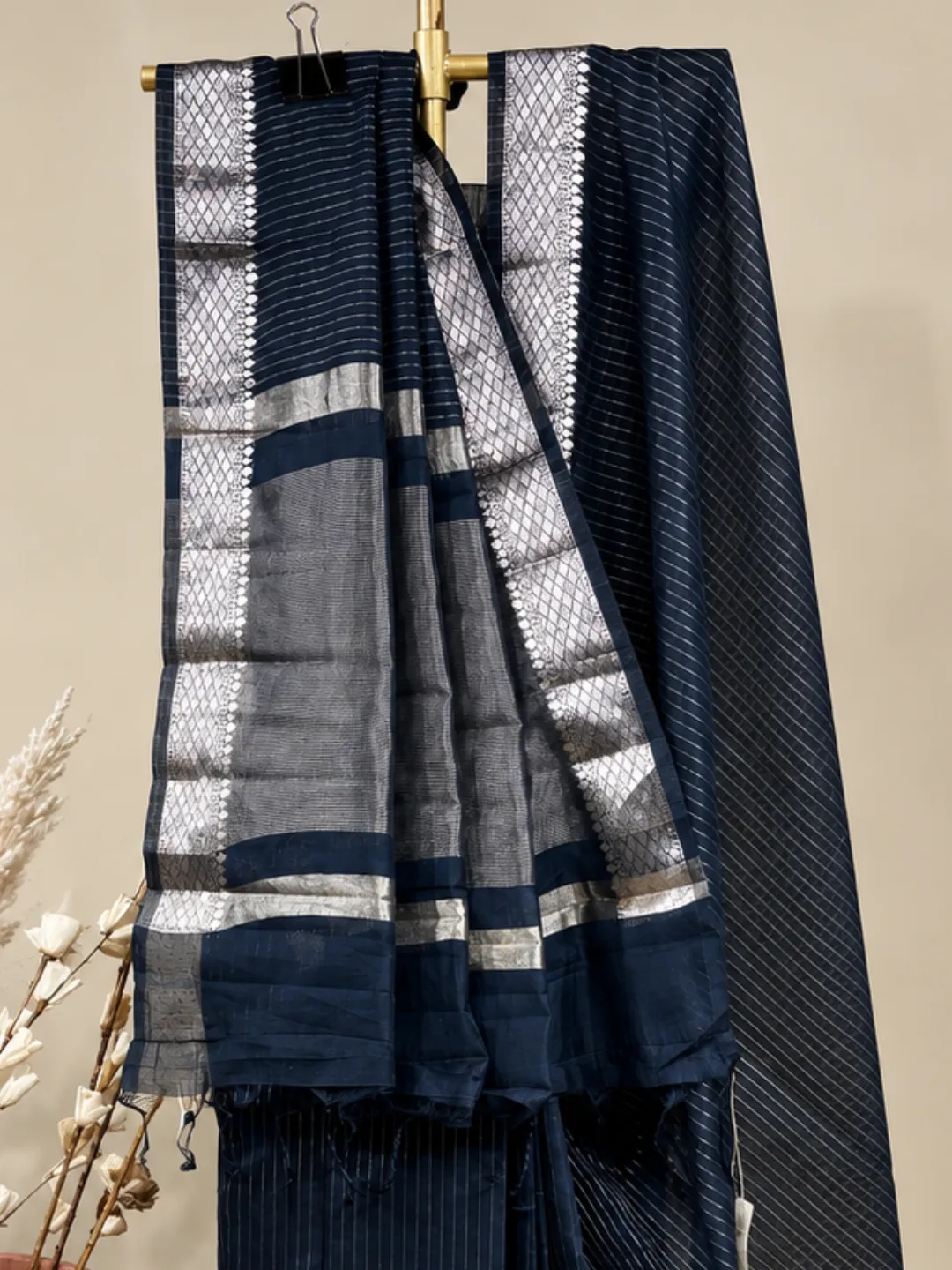  Black Banarasi Tissue Silk Saree  Black Fine Stripe With Silver Zari Border Front view