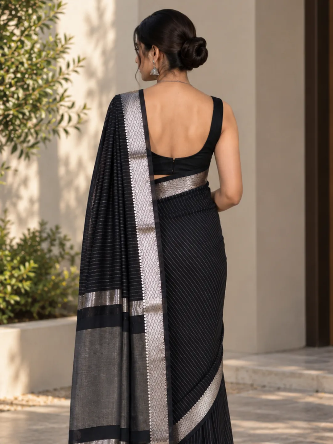  Black Banarasi Tissue Silk Saree  Black Fine Stripe With Silver Zari Border Front view