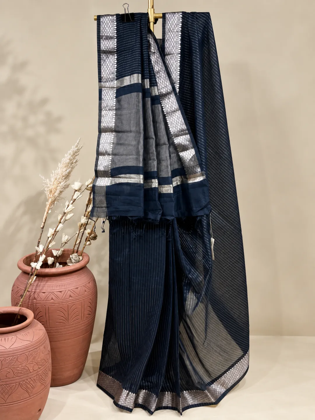  Black Banarasi Tissue Silk Saree  Black Fine Stripe With Silver Zari Border Front view