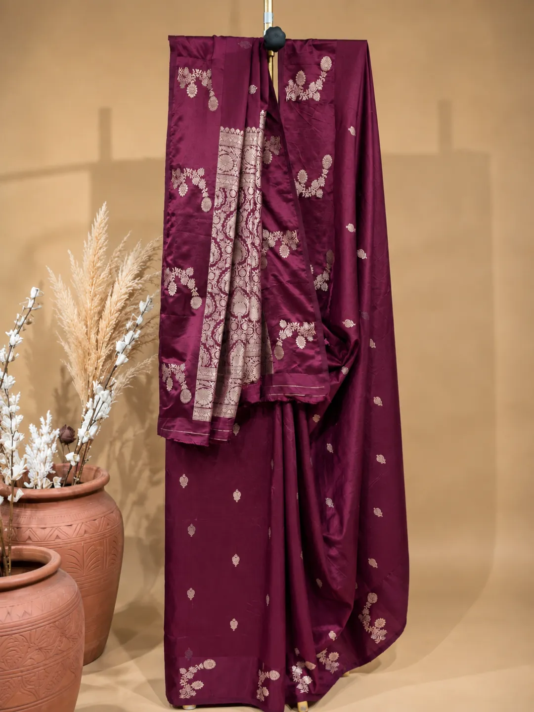 Wine Banarasi Soft Silk Saree Wine With Floral Buti Zari